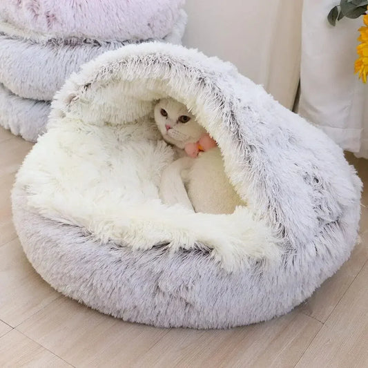 Soft plush round cat bed in pink